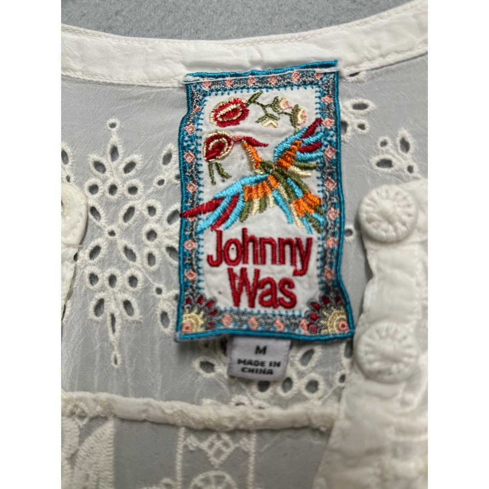 Johnny Was Womens White Embroidered Eyelet Sleeveless Tunic Top Size Medium Boho